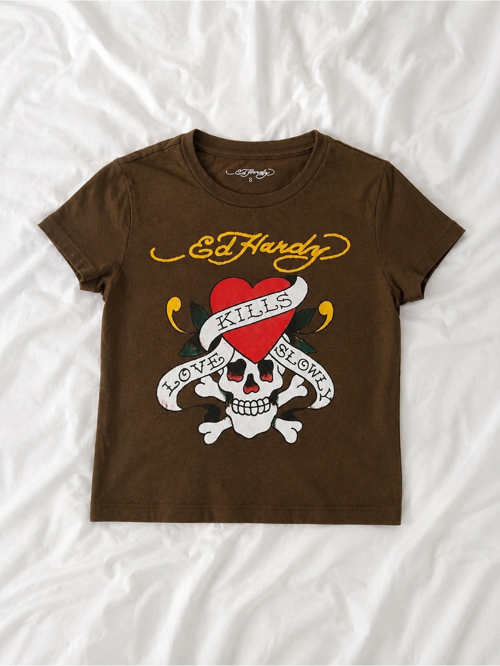 Ed Hardy Brown Mini Crop Tee with Red Heart & White Skull Graphic
